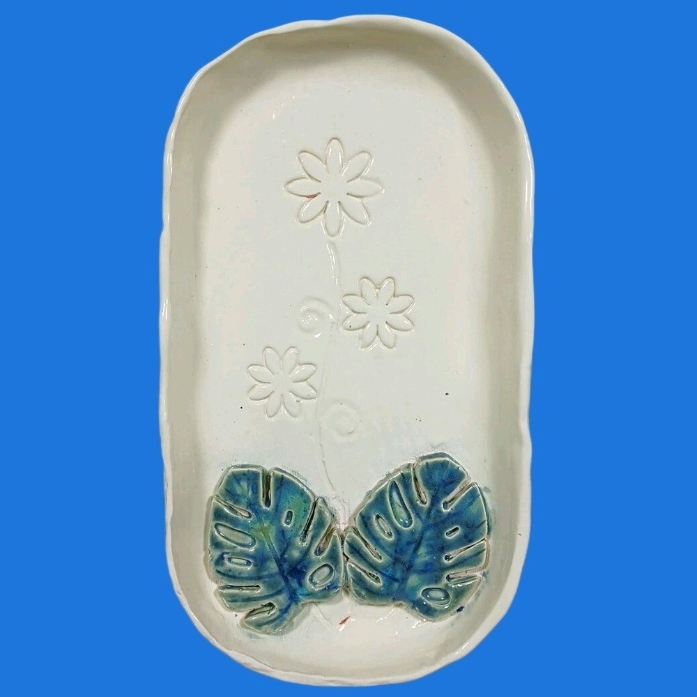 Handmade Ceramic Monstera Leaf Serving Tray White Blue Floral Jewelry Dish DW